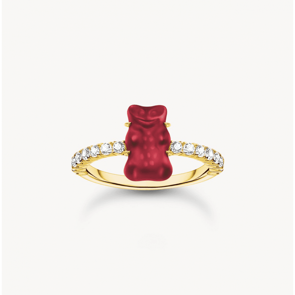 Gold-Plated Ring with Red Mini Sized Goldbears and Zirconia