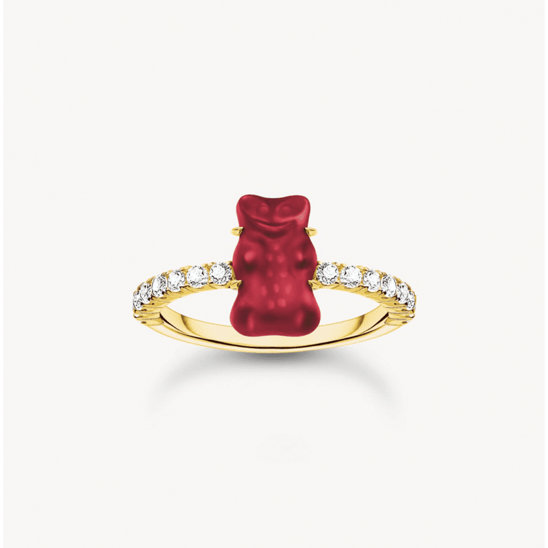 Gold-Plated Ring with Red Mini Sized Goldbears and Zirconia