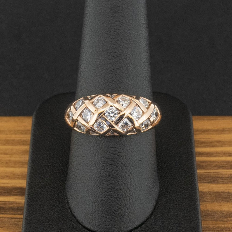 14ct Rose Gold CZ Criss Cross Pattern Ring Size R 3.8g