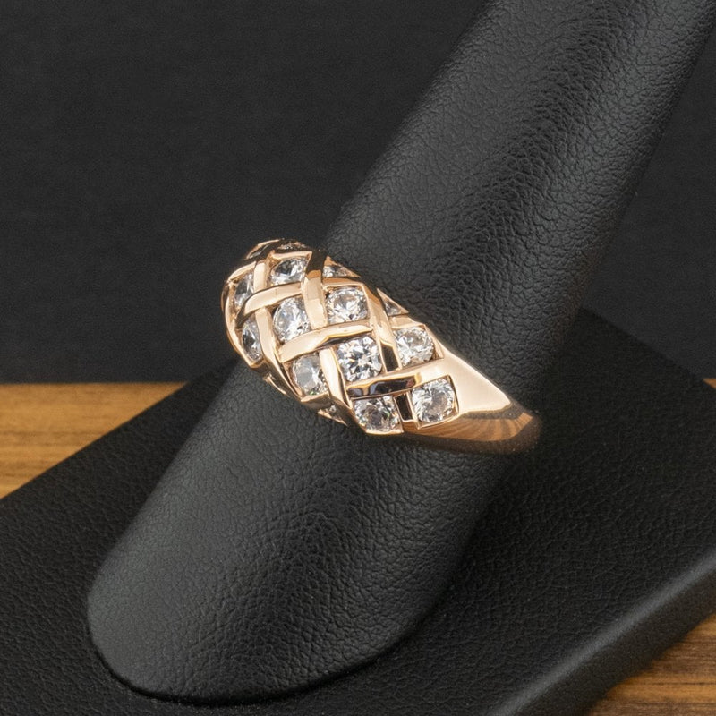 14ct Rose Gold CZ Criss Cross Pattern Ring Size R 3.8g
