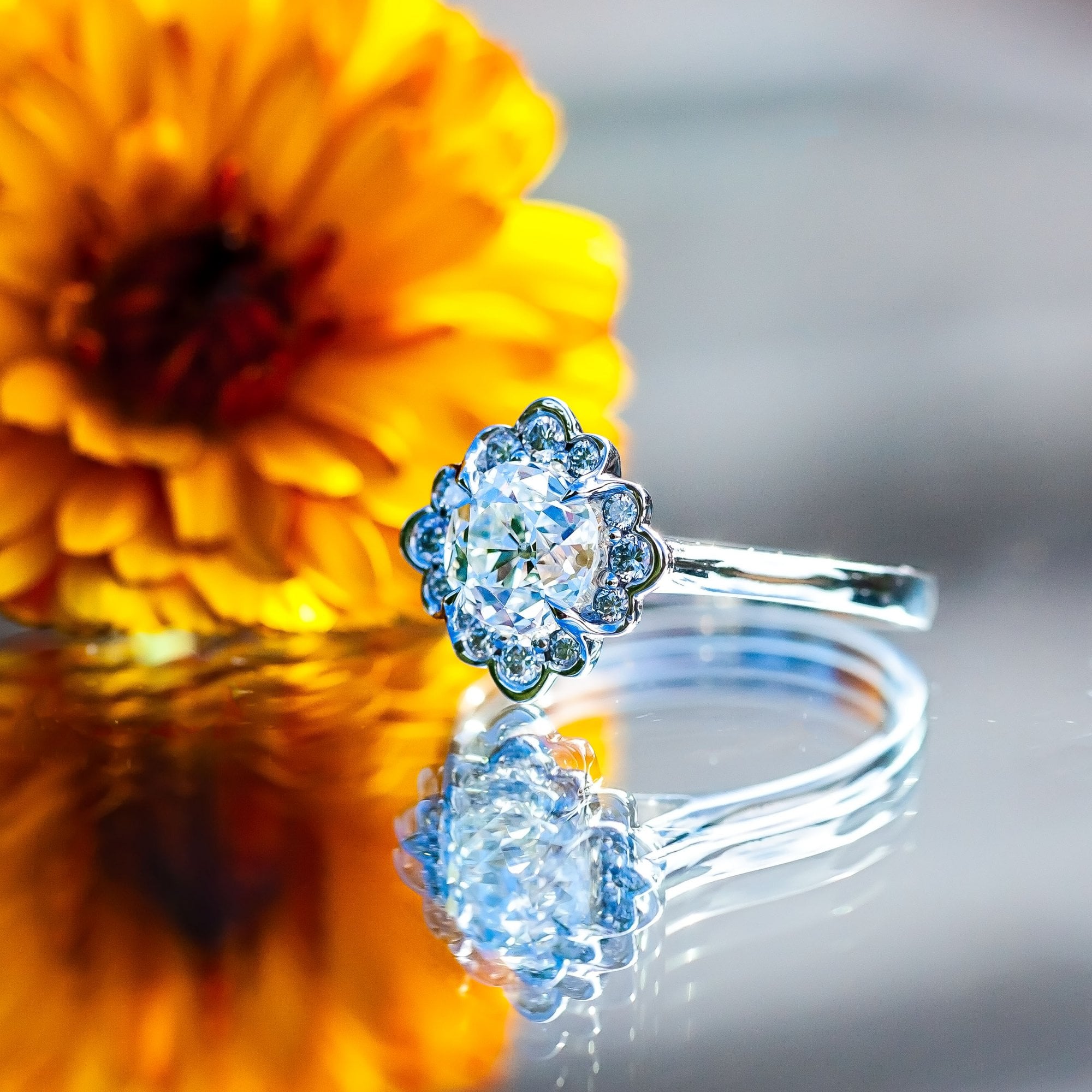 Platinum 1.36ct Old Cut Kozibe effect Diamond Cluster Ring