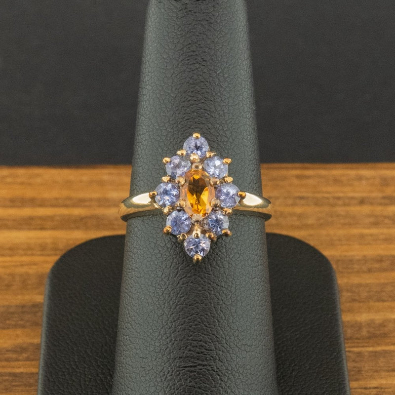 9ct Yellow Gold Citrine and Blue Stone Cluster Ring Size N 3.2g