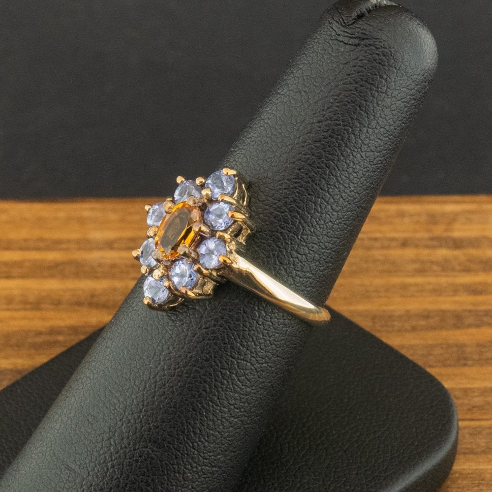 9ct Yellow Gold Citrine and Blue Stone Cluster Ring Size N 3.2g