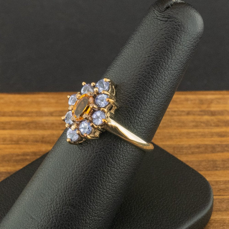 9ct Yellow Gold Citrine and Blue Stone Cluster Ring Size N 3.2g