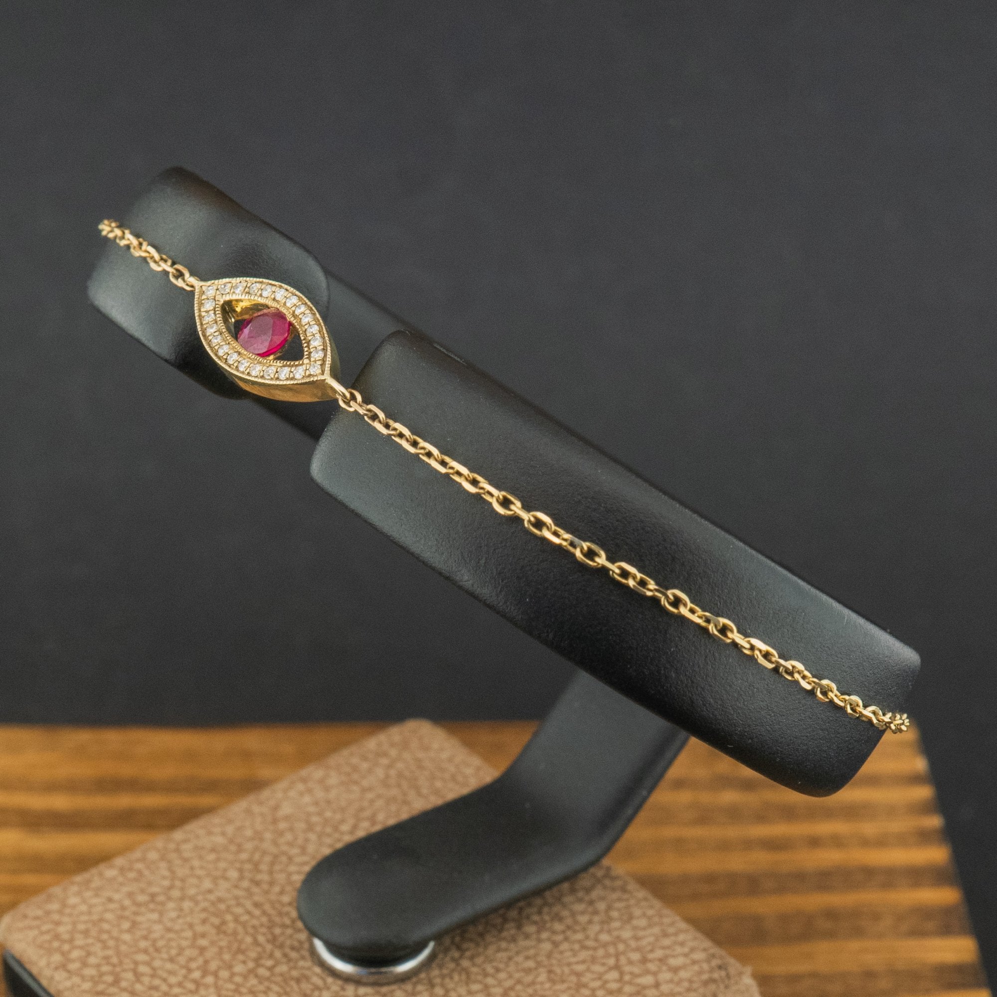 9ct Yellow Gold 0.23ct Ruby and 0.06ct Diamond Eye Adjustable Bracelet