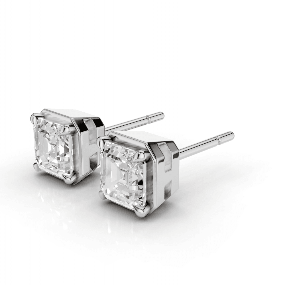 Asscher Cut Diamond 4 Claw Bezel Stud Earrings
