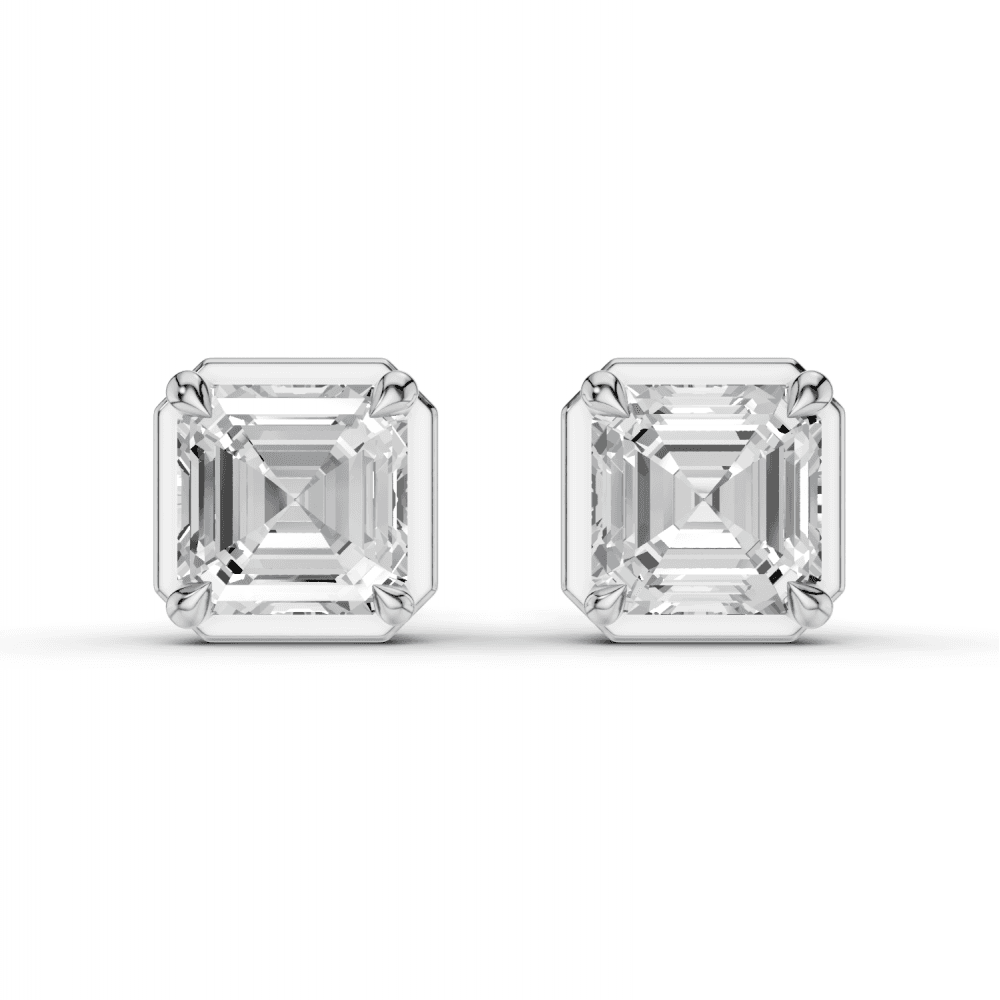 Asscher Cut Diamond 4 Claw Bezel Stud Earrings