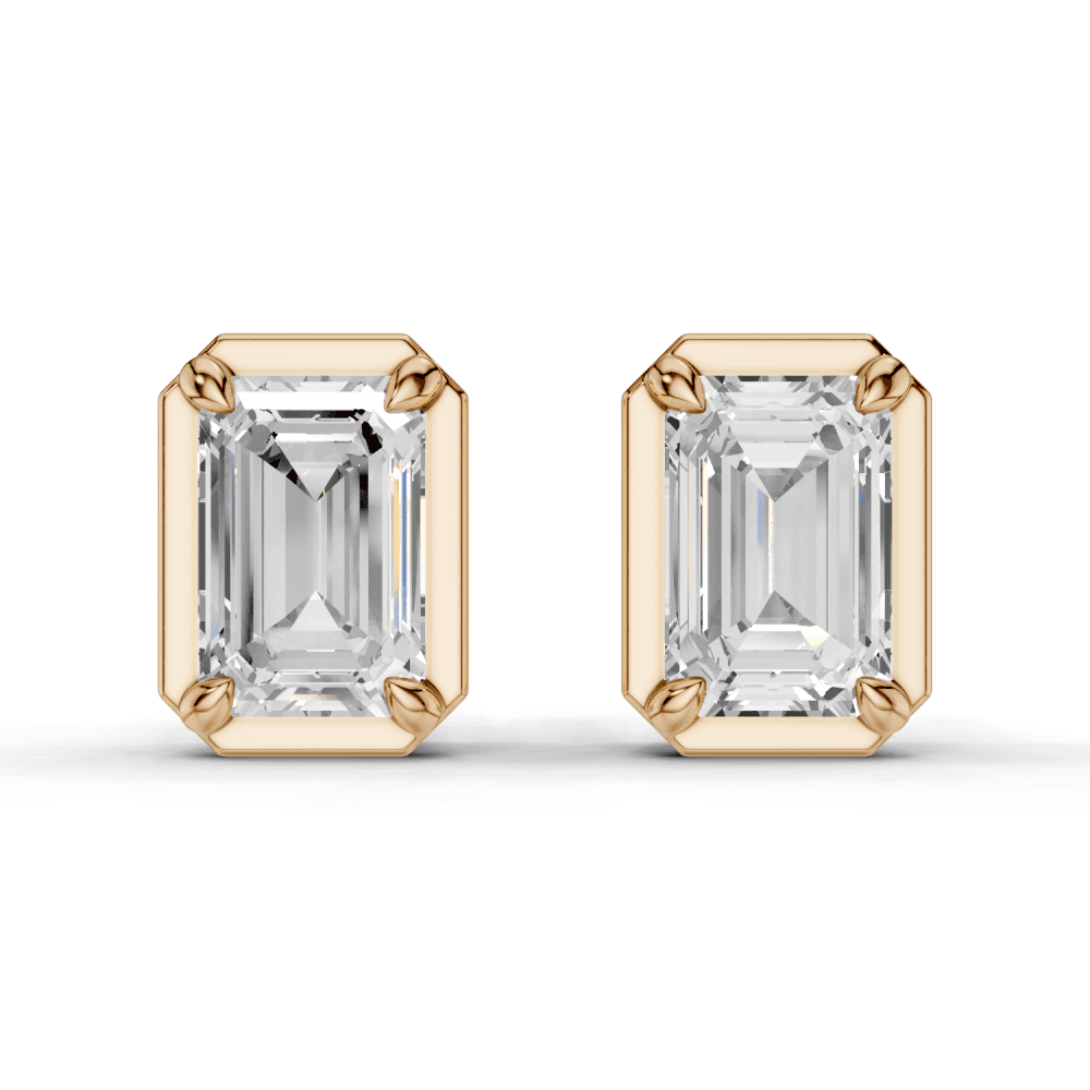 Emerald Cut Diamond 4 Claw Bezel Stud Earrings