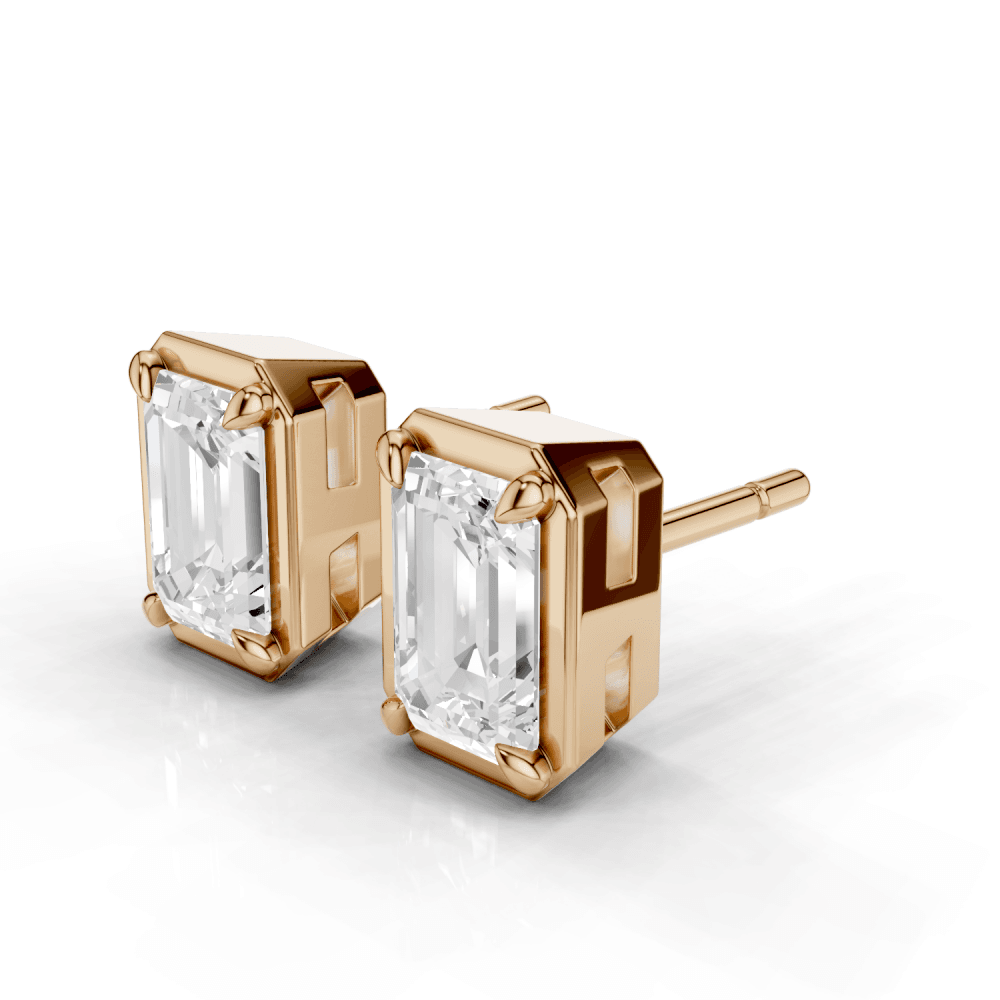 Emerald Cut Diamond 4 Claw Bezel Stud Earrings
