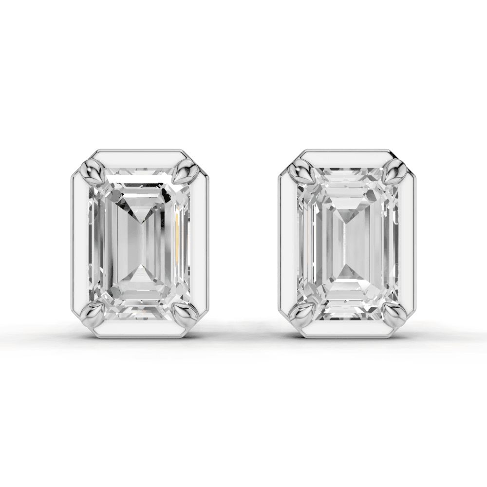 Emerald Cut Diamond 4 Claw Bezel Stud Earrings