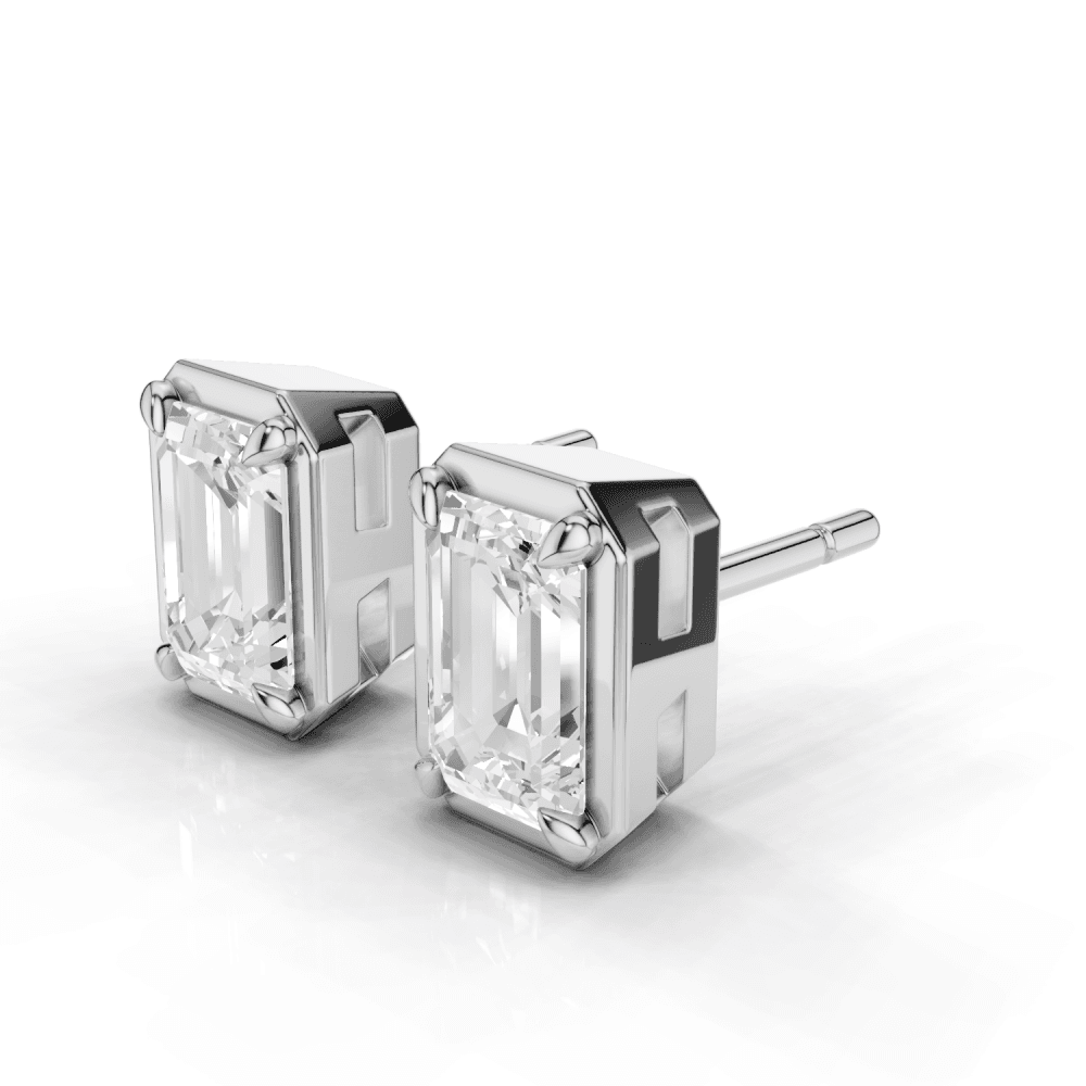Emerald Cut Diamond 4 Claw Bezel Stud Earrings