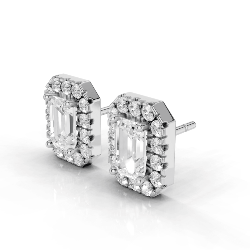 Emerald Cut Diamond Halo Stud Earrings