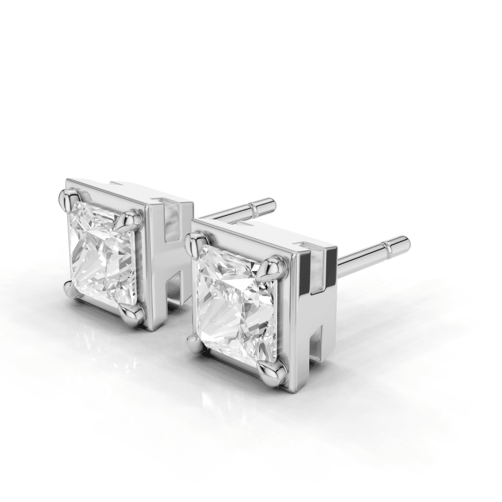 Princess Cut Diamond 4 Claw Bezel Stud Earrings