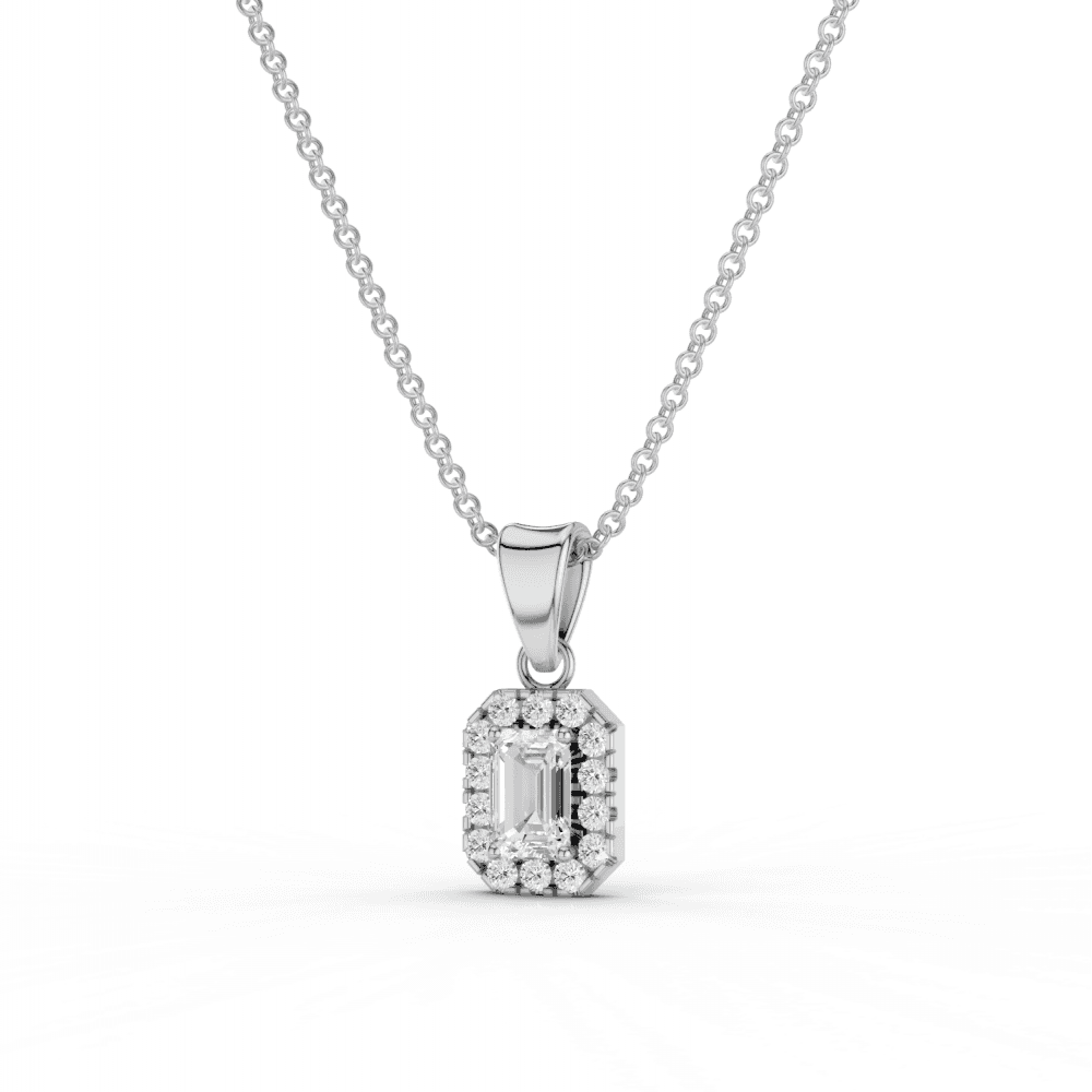 Emerald Cut Diamond Halo Pendant Necklace