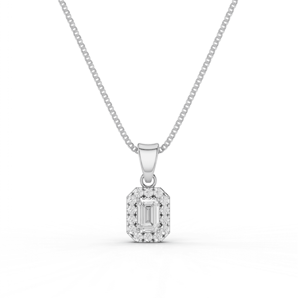 Emerald Cut Diamond Halo Pendant Necklace
