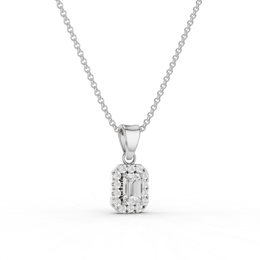 Emerald Cut Diamond Halo Pendant Necklace