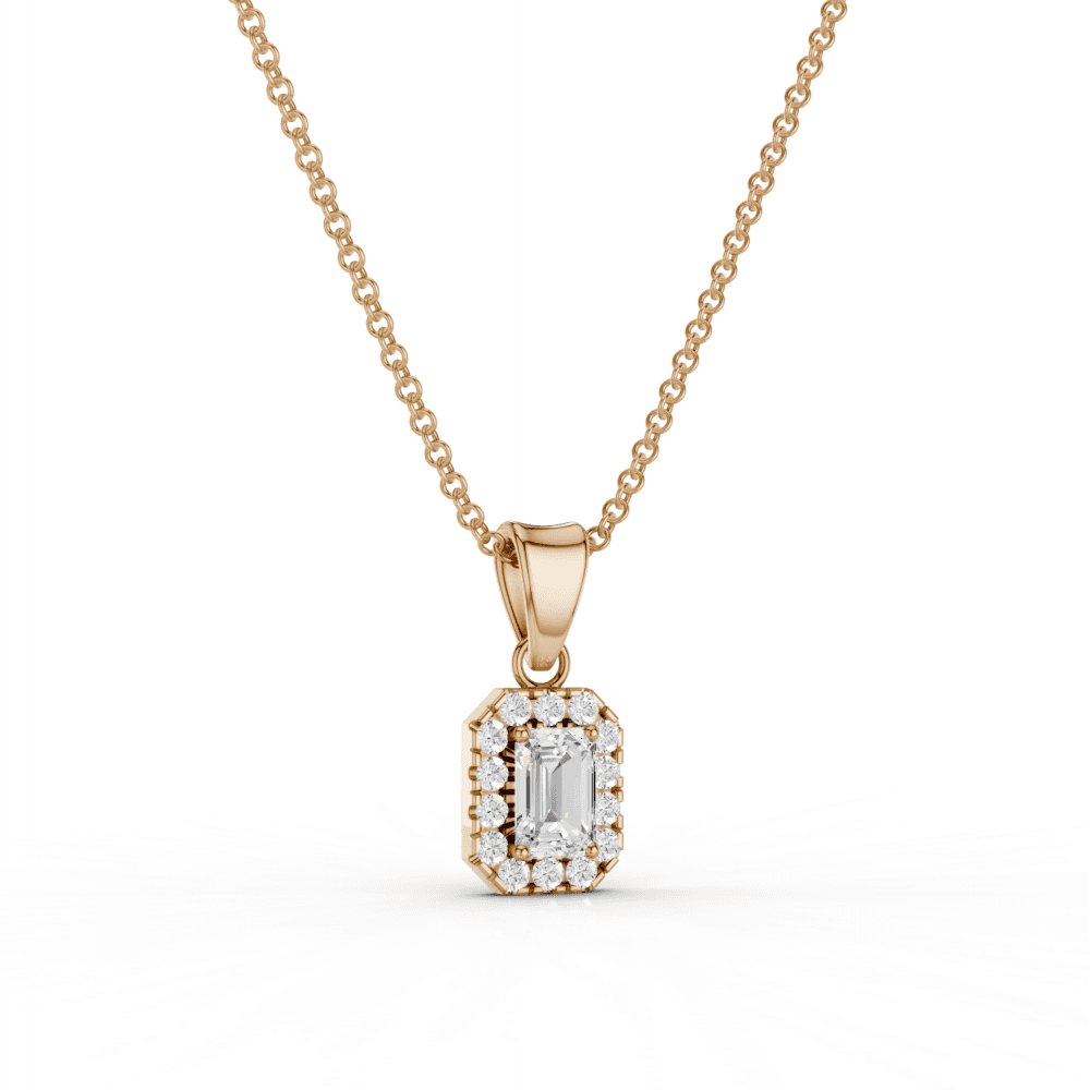 Emerald Cut Diamond Halo Pendant Necklace