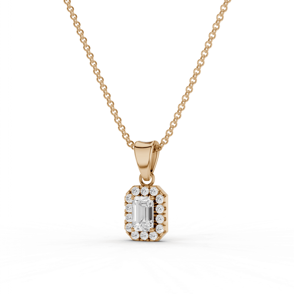 Emerald Cut Diamond Halo Pendant Necklace