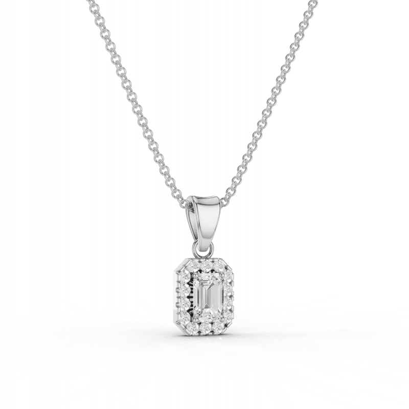 Emerald Cut Diamond Halo Pendant Necklace