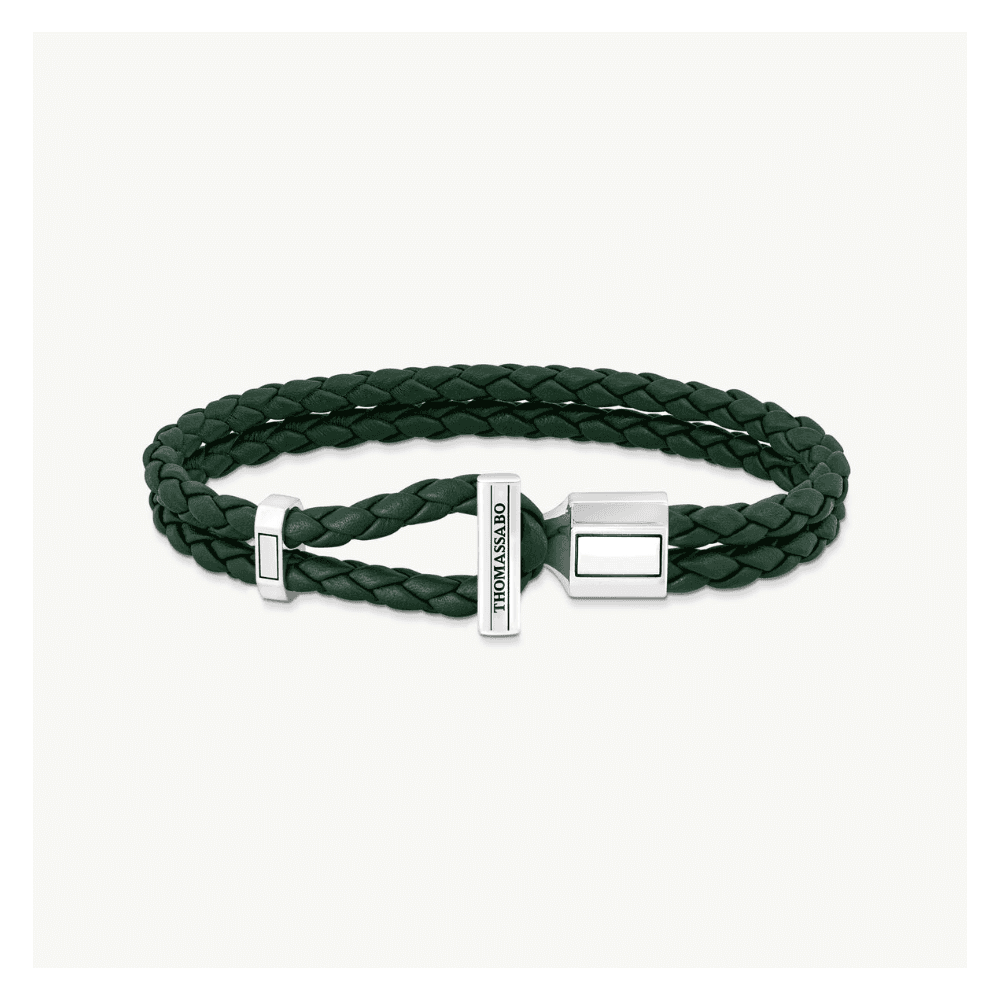 Silver Double Bracelet with Braided, Green Leather