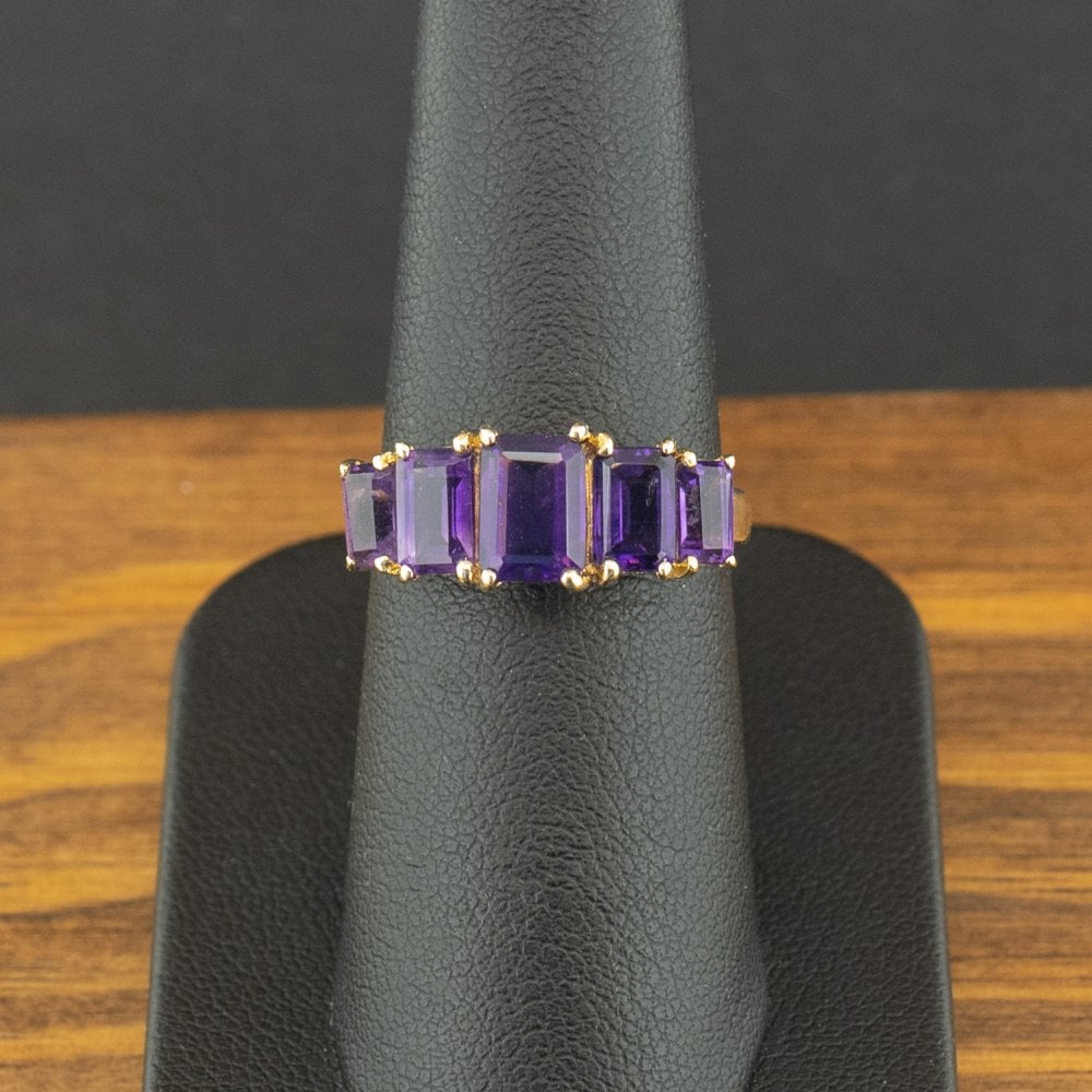 9ct Yellow Gold Amethyst 5 Stone Ring Size N 1/2 2.3g