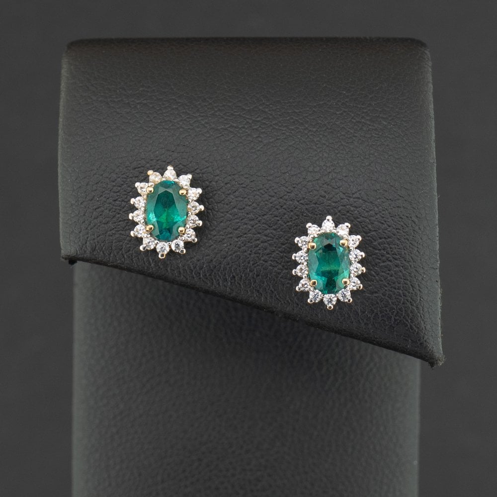 9ct Yellow Gold Lab Emerald and CZ Stud Earrings 1.5g