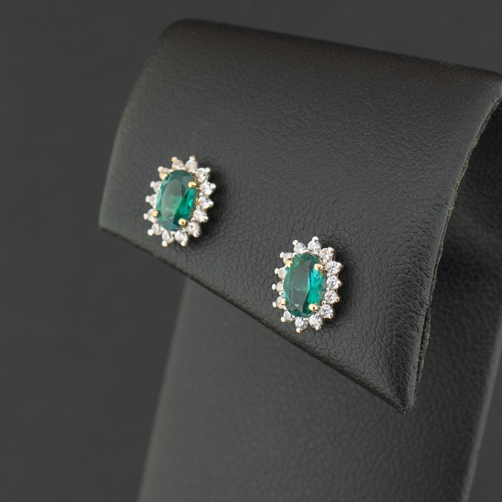 9ct Yellow Gold Lab Emerald and CZ Stud Earrings 1.5g