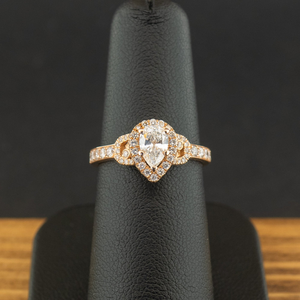 18ct Rose Gold 0.85ct Pear Cut Diamond Halo Ring Size L 3.4g