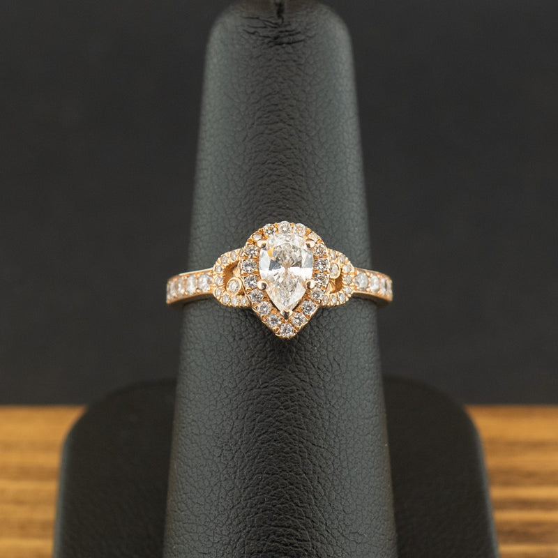 18ct Rose Gold 0.85ct Pear Cut Diamond Halo Ring Size L 3.4g