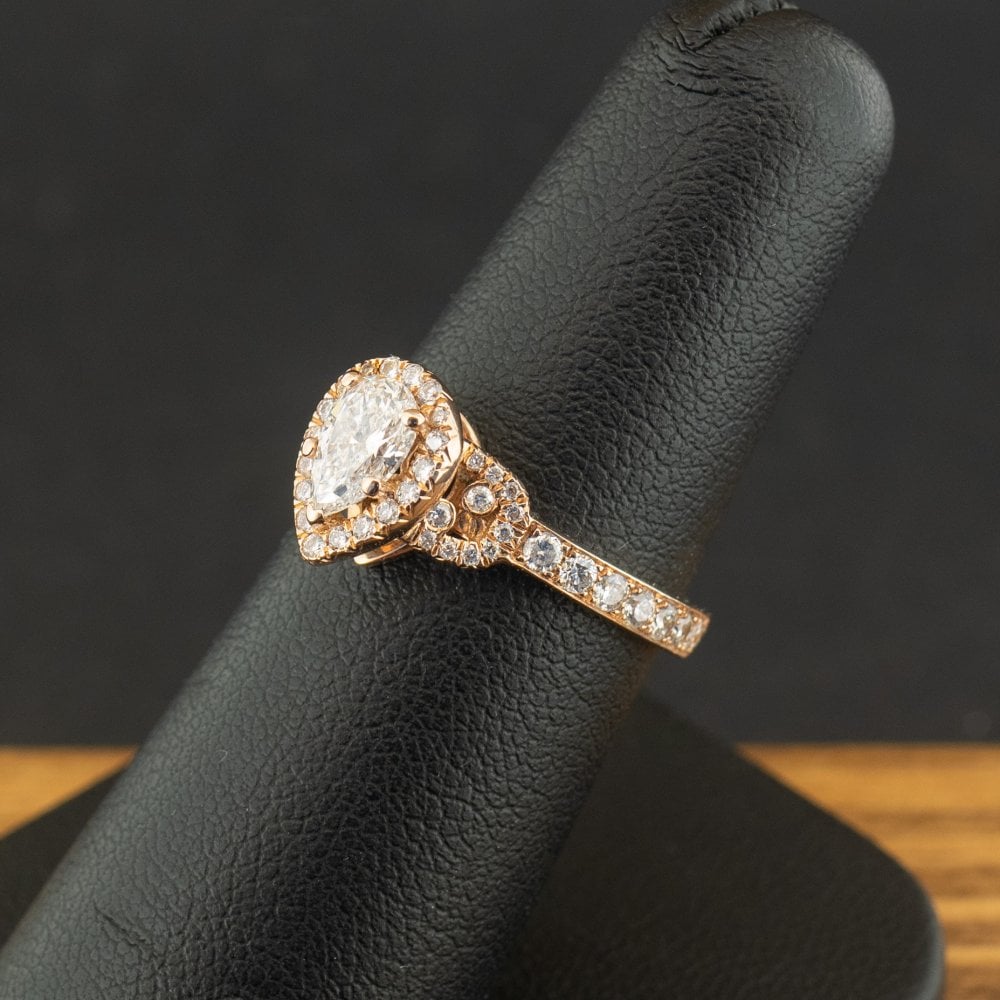 18ct Rose Gold 0.85ct Pear Cut Diamond Halo Ring Size L 3.4g
