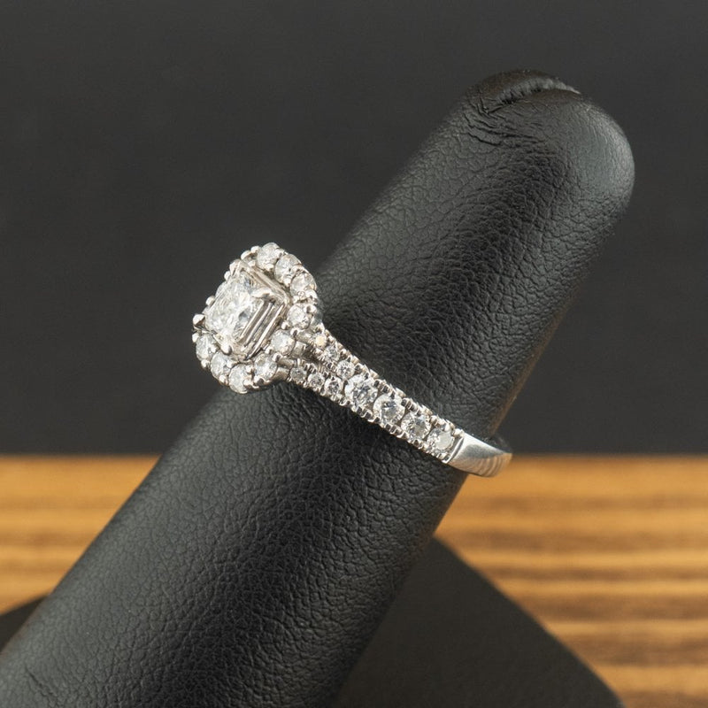 Platinum 0.75ct Radiant Cut Diamond Halo Ring Size J 6.3g
