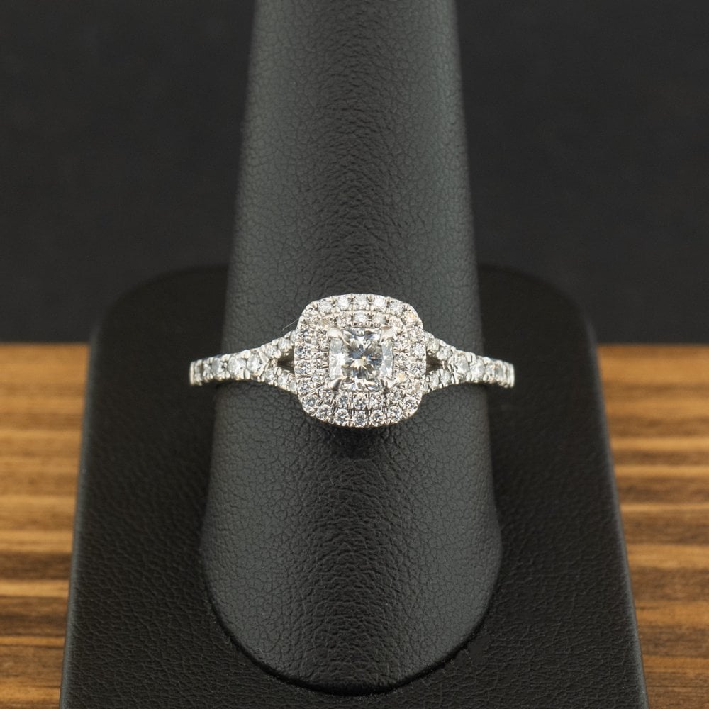Platinum 0.64ct Cushion Cut Diamond Double Halo Ring Size S 5.5g
