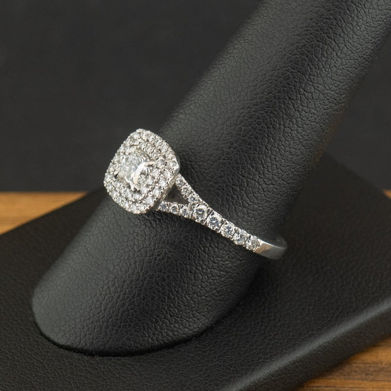 Platinum 0.64ct Cushion Cut Diamond Double Halo Ring Size S 5.5g