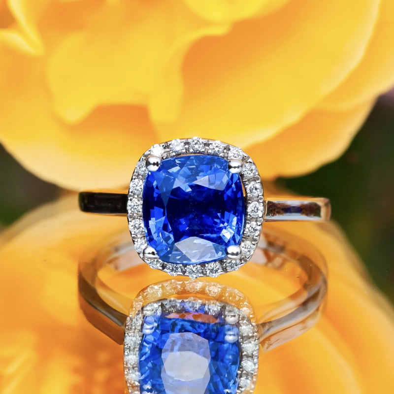 3.08ct Blue Cushion Ceylon Sapphire & Diamond 18ct White Gold Ring