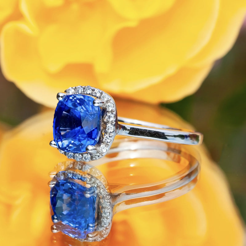 3.08ct Blue Cushion Ceylon Sapphire & Diamond 18ct White Gold Ring