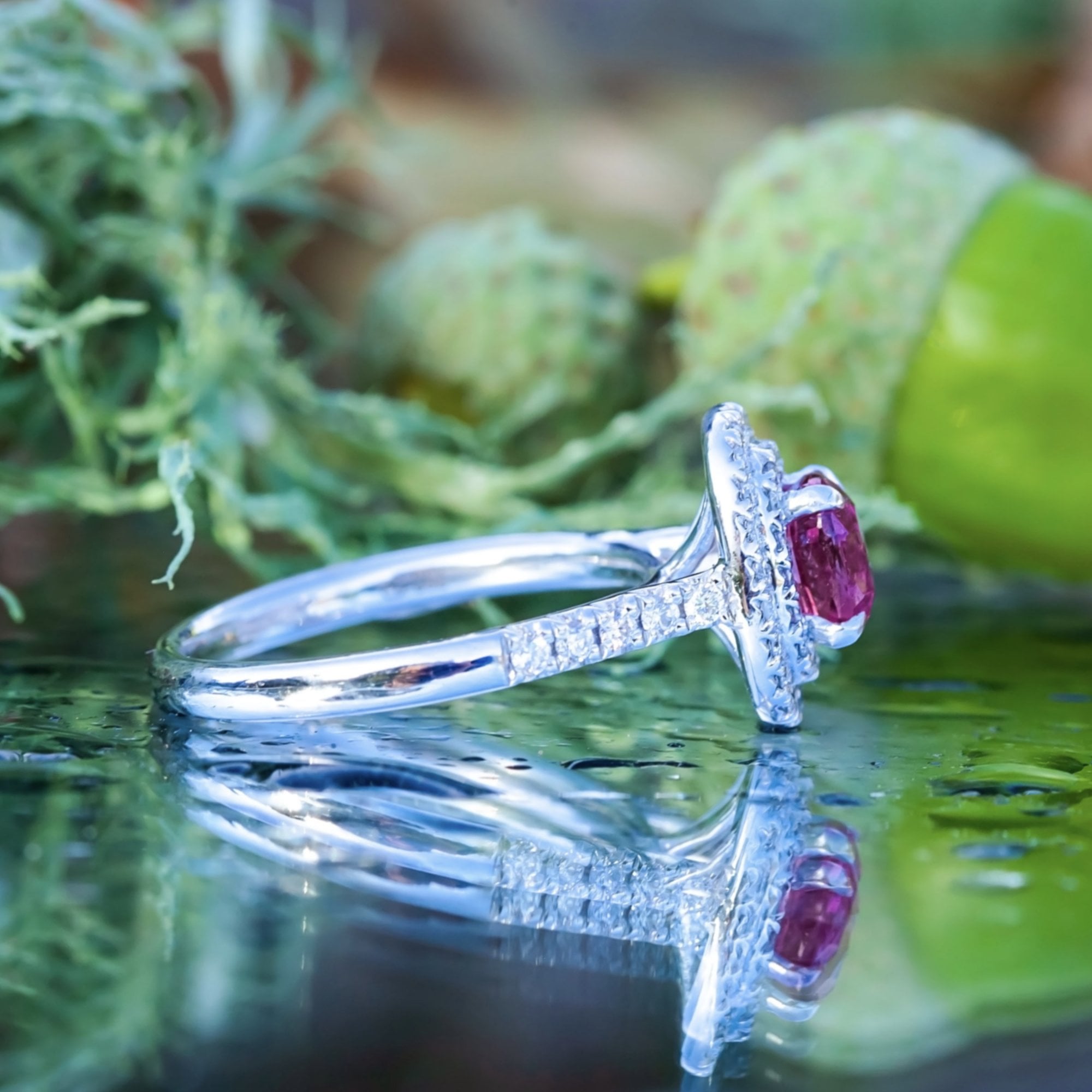 1.11ct Oval Unheated Ruby and 0.36ct Diamond 18ct White Gold Ring