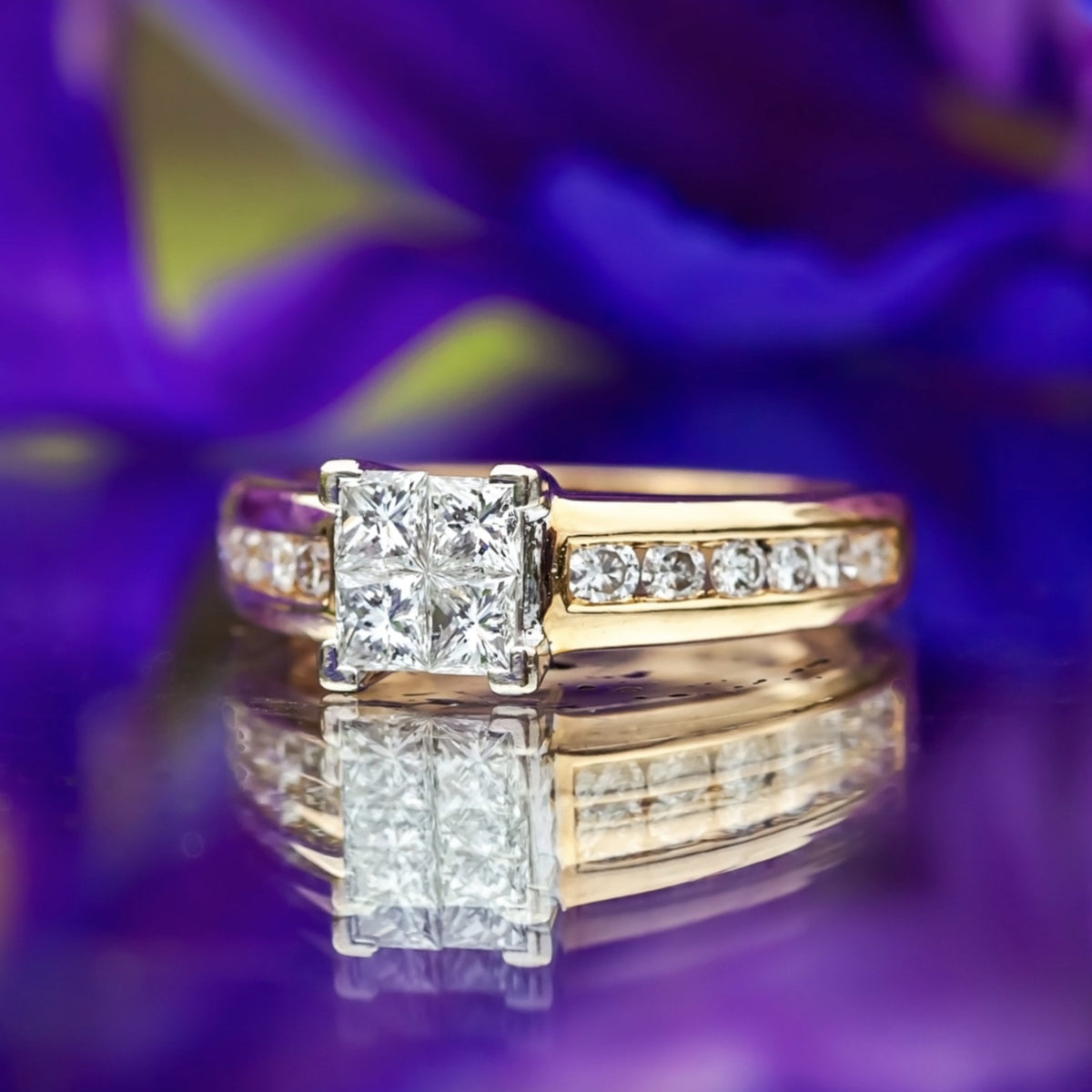 18ct Yellow Gold 1.00ct Princess Cut Diamond Cluster Ring Size N 5.8g