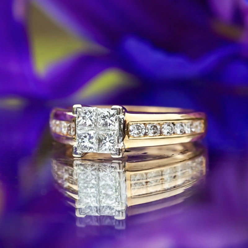 18ct Yellow Gold 1.00ct Princess Cut Diamond Cluster Ring Size N 5.8g