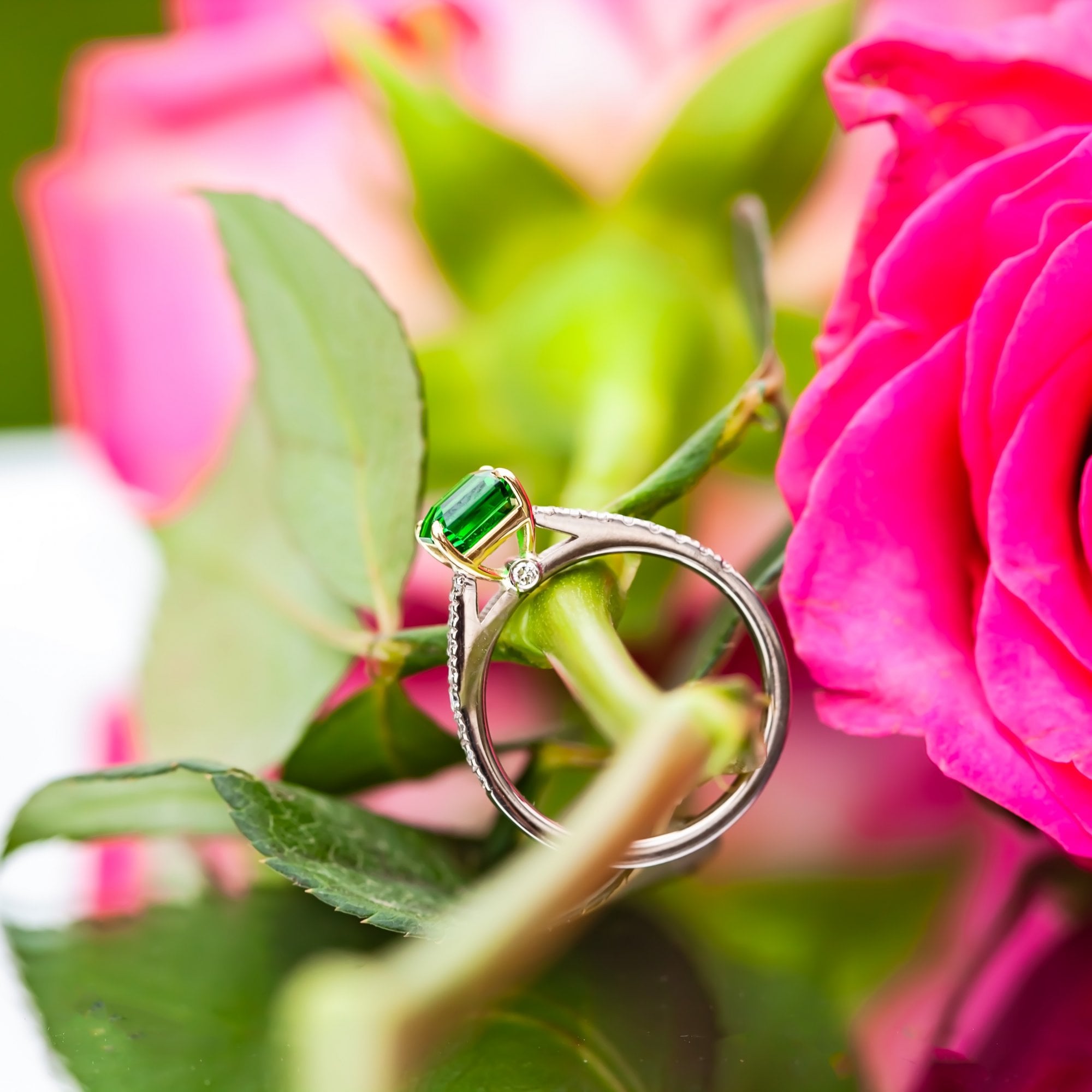 18ct Two Tone Gold 1.29ct Tsavorite Garnet and Diamond Ring with Hidden Diamond