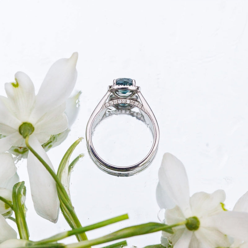 18ct White Gold 1.39ct Green Sapphire and Diamond Ring with Hidden Diamonds