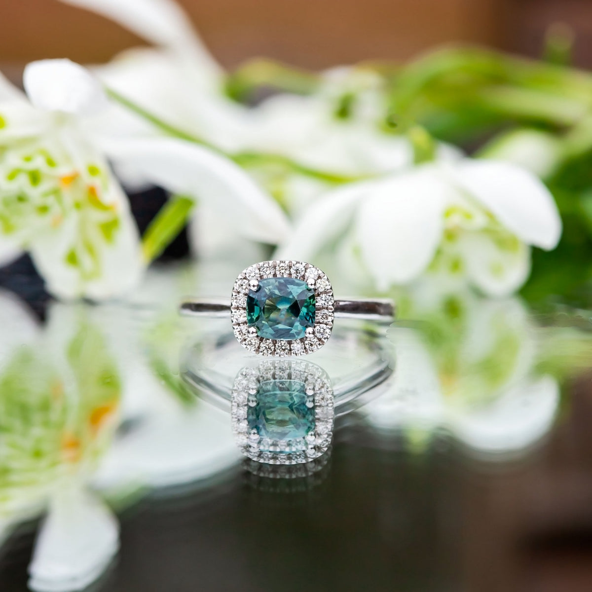 18ct White Gold 1.39ct Green Sapphire and Diamond Ring with Hidden Diamonds