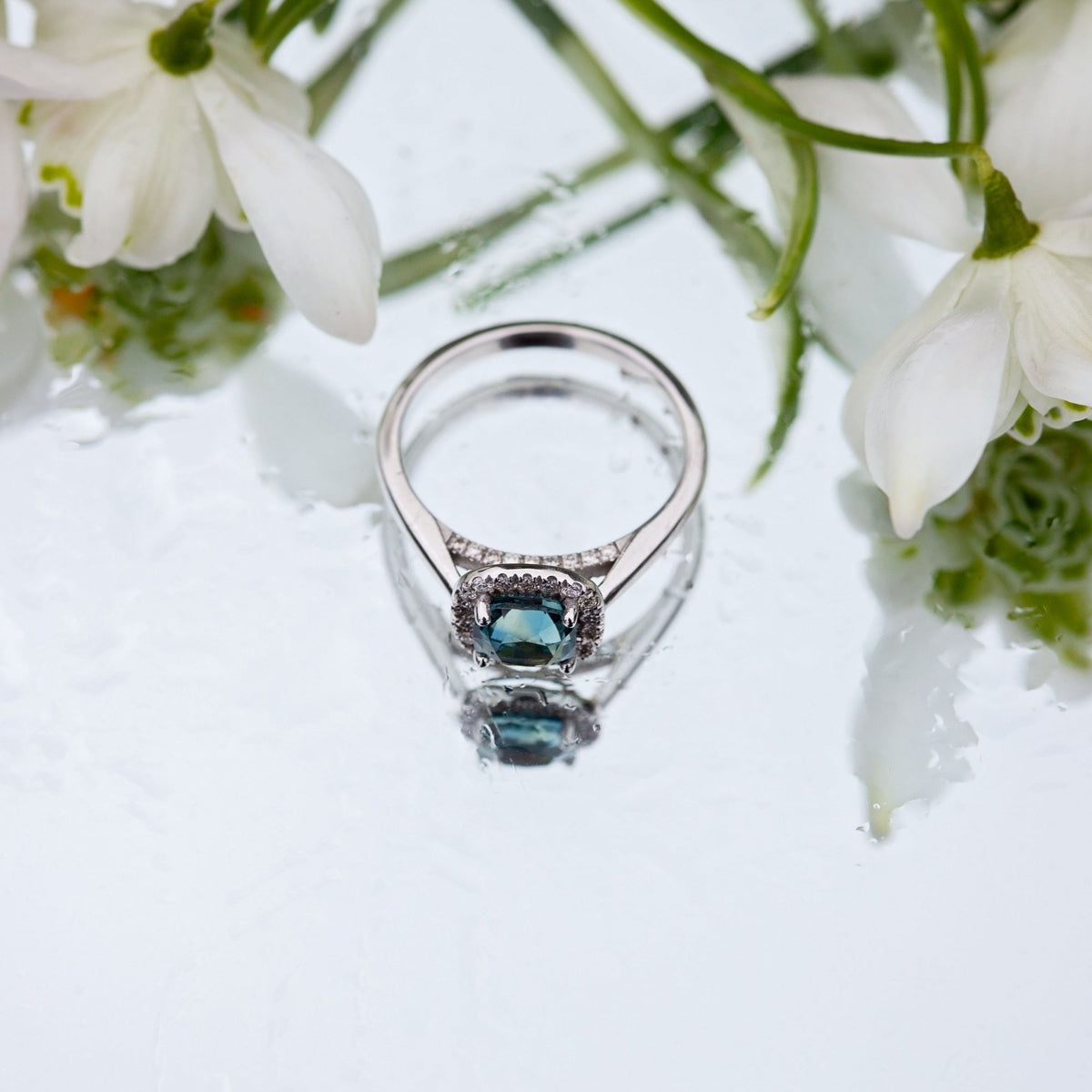 18ct White Gold 1.39ct Green Sapphire and Diamond Ring with Hidden Diamonds
