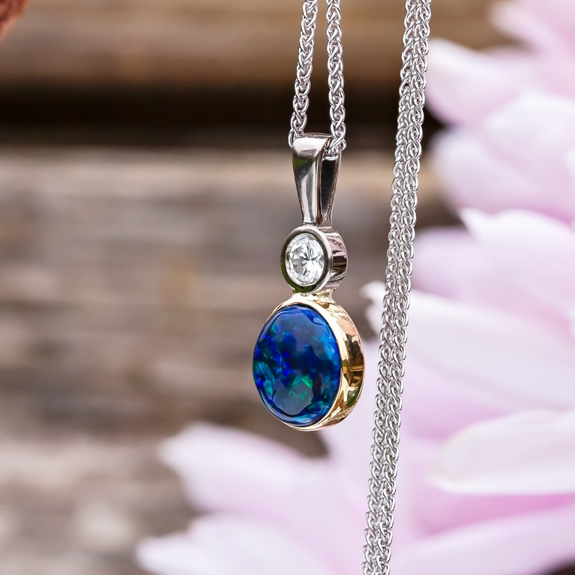 18ct Two Tone Gold 1.47ct Australian Opal and Diamond Necklace