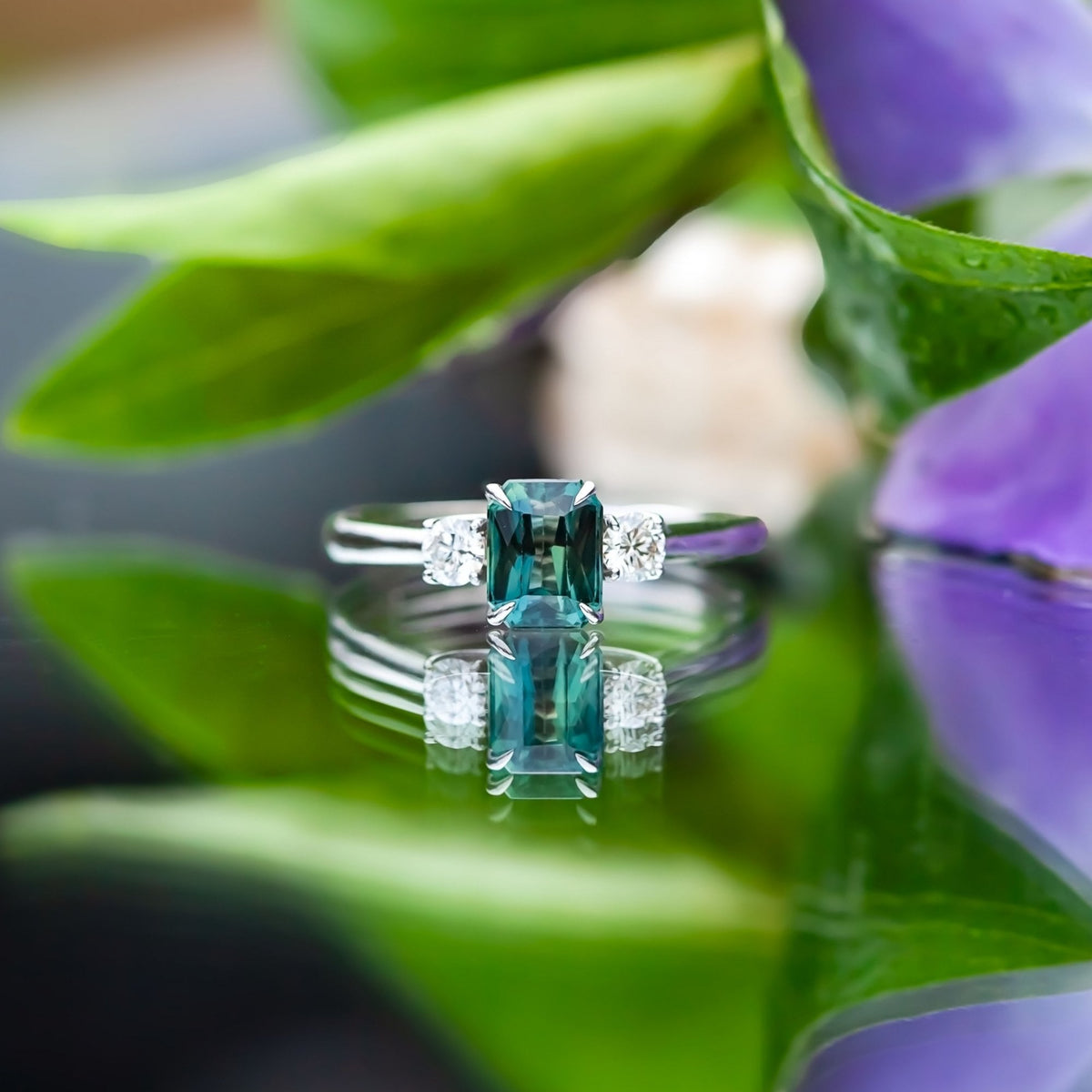 18ct White Gold 1.23ct Green Sapphire and Diamond Trilogy Ring