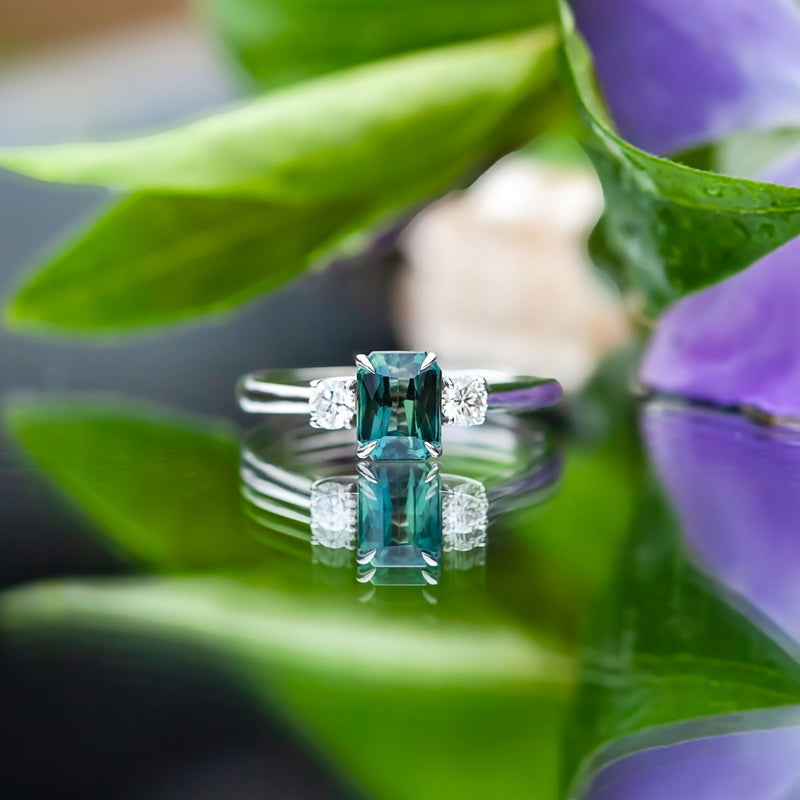 18ct White Gold 1.23ct Green Sapphire and Diamond Trilogy Ring
