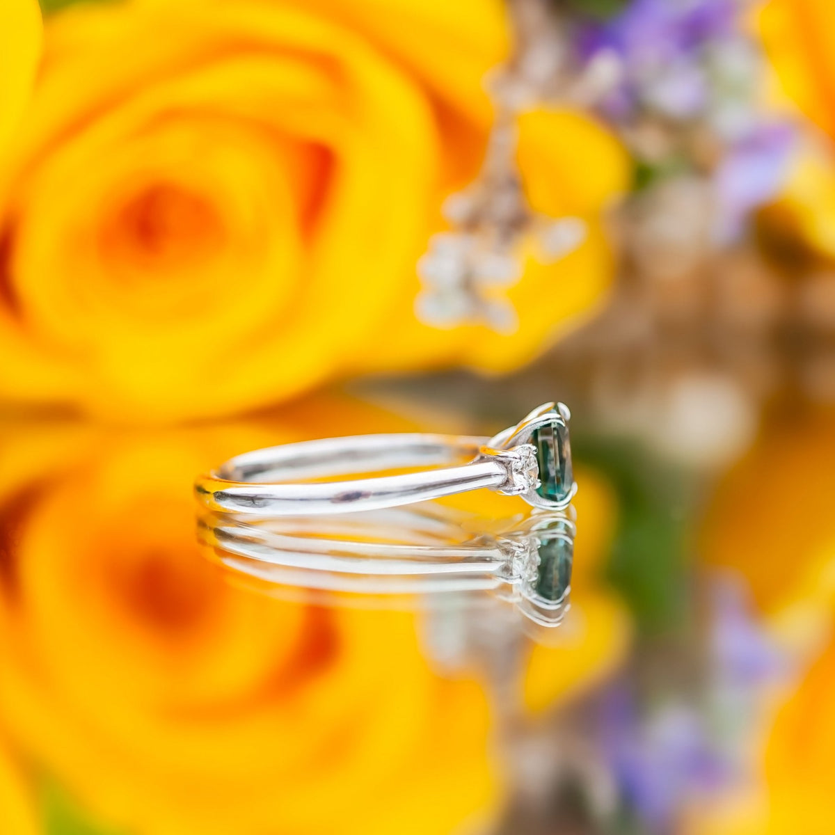 18ct White Gold 1.23ct Green Sapphire and Diamond Trilogy Ring