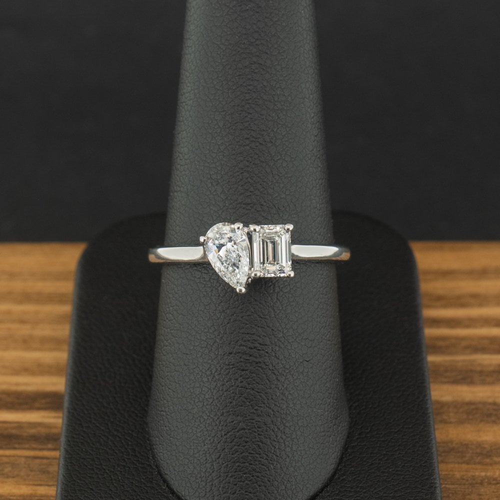 Platinum 1ct Emerald and Pear Cut Lab Diamond Toi et Moi Ring Size Q 4.5g