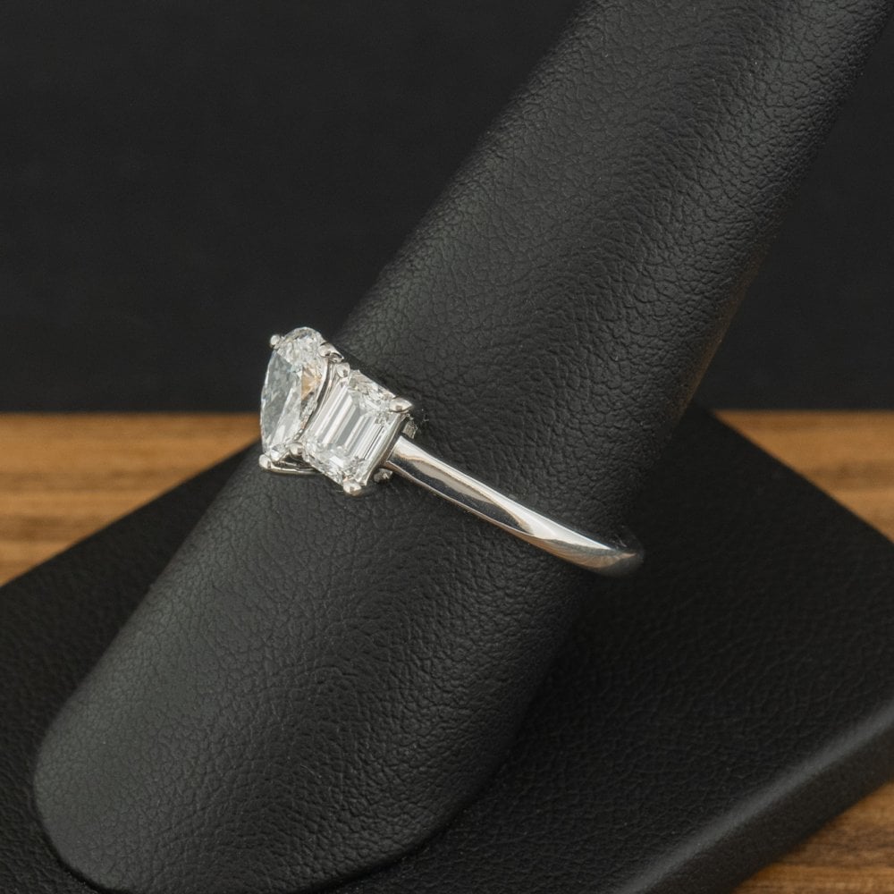 Platinum 1ct Emerald and Pear Cut Lab Diamond Toi et Moi Ring Size Q 4.5g