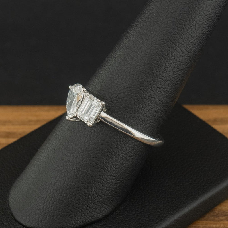 Platinum 1ct Emerald and Pear Cut Lab Diamond Toi et Moi Ring Size Q 4.5g