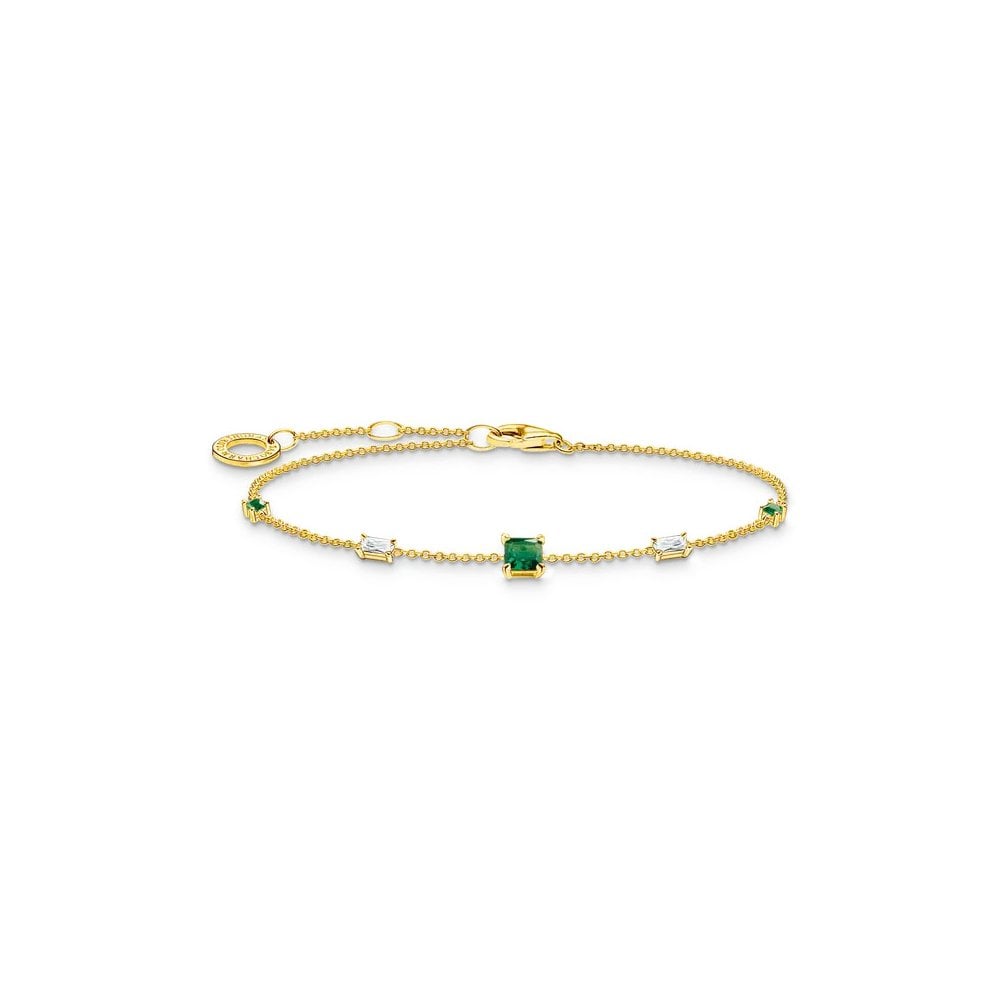 Bracelet with Green and White Stones Gold Plate